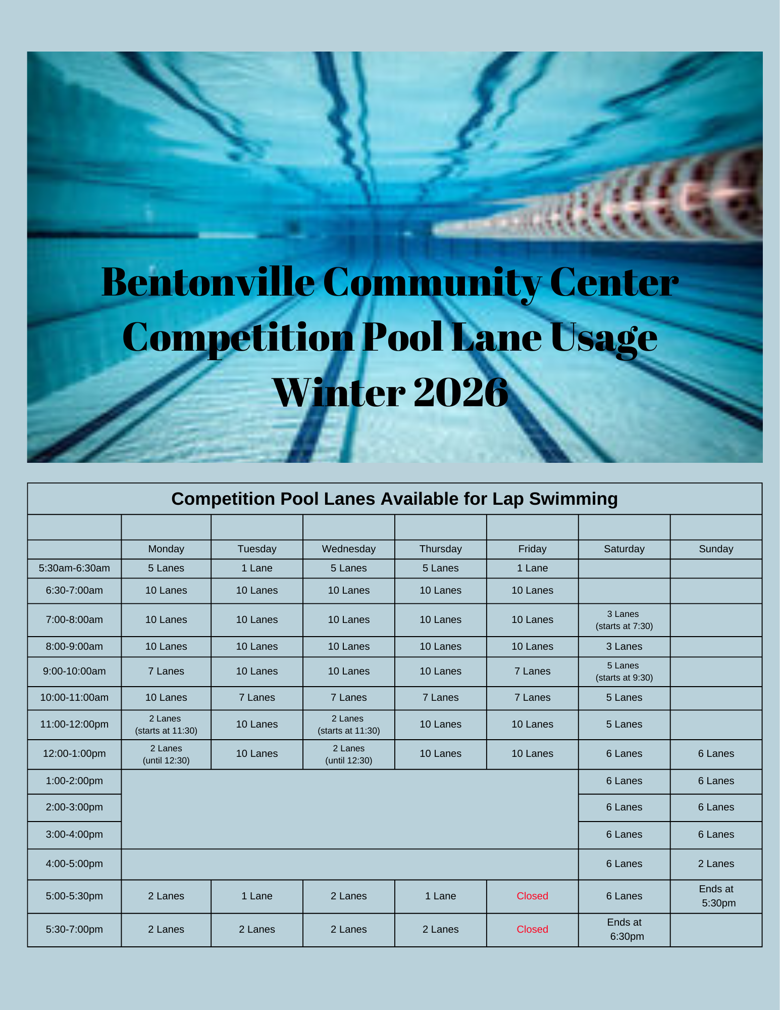 Bentonville Community Center Competition Pool Lane Usage Winter 2026 (6)