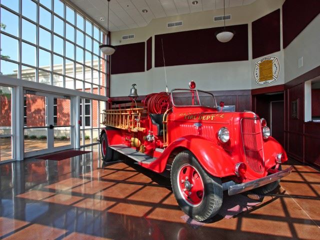 Red 1935 Fire Truck inside building